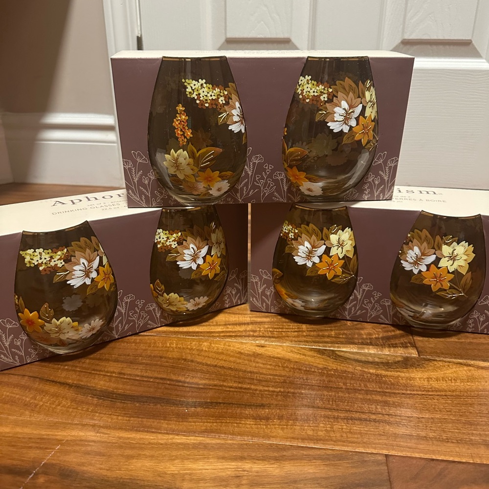 Aphorism Floral Drinking Glasses Set - Brown and Gold